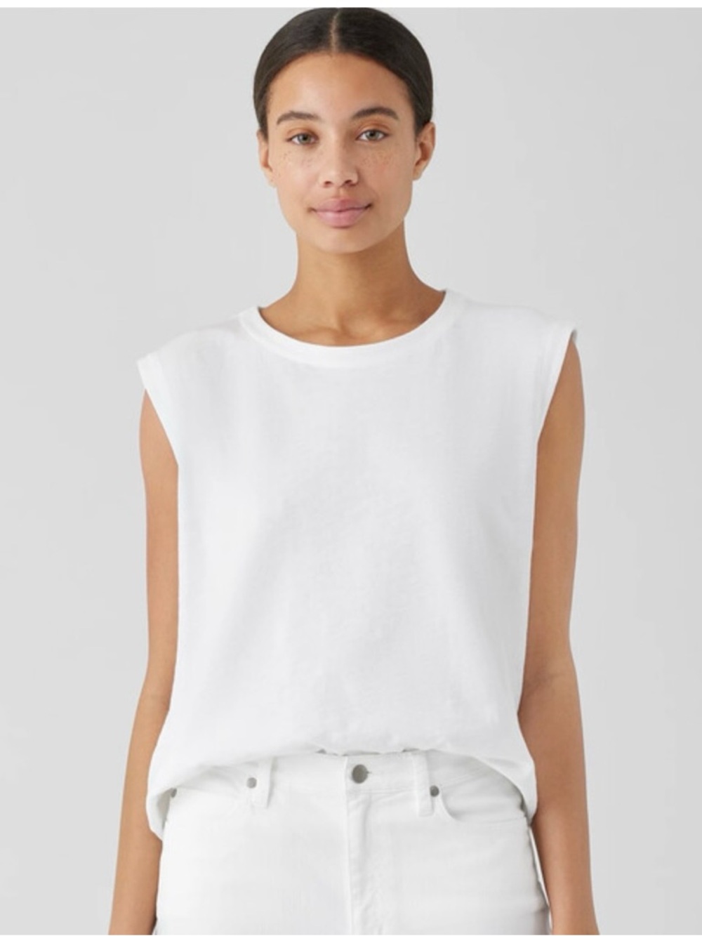 Eileen Fisher 100% Organic Cotton Jersey Boxy Sleeveless Top Sz XL White Capsule